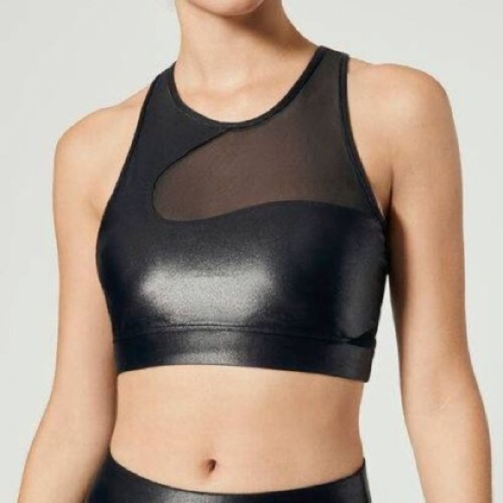 Carbon38 Black Shine Balance Sports Bra Top w Mesh Trim Size Small